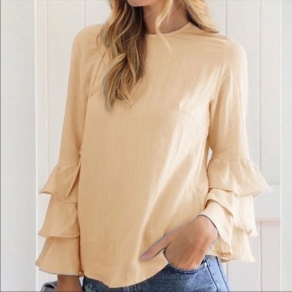 Round Neck Long Ruffled Sleeves Lightweight Blouse Top - Picture 2 of 2